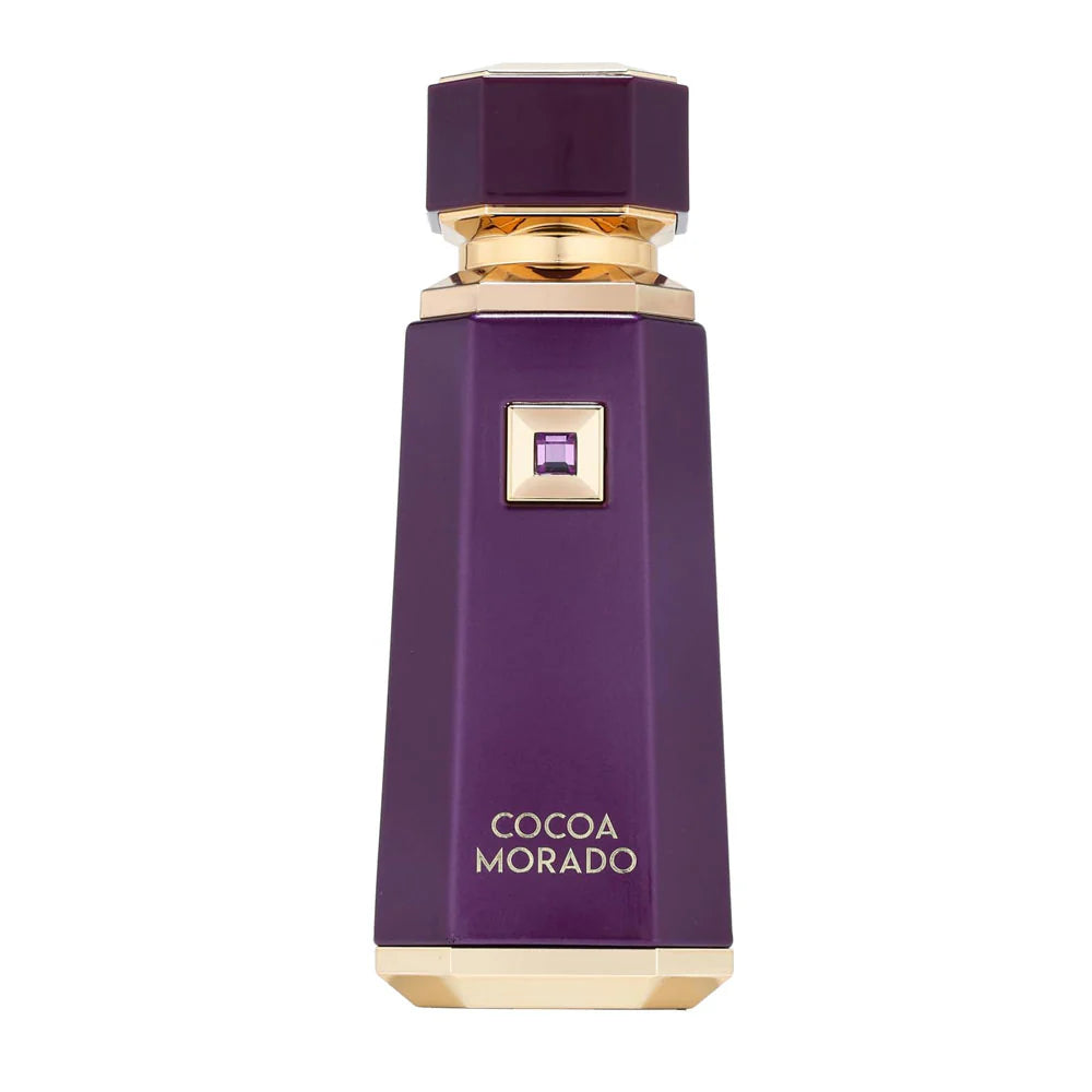 Fragrance World French Avenue Cocoa Morado Eau De Parfum 100ml bottle for men and women with elegant packaging and dark purple accents.