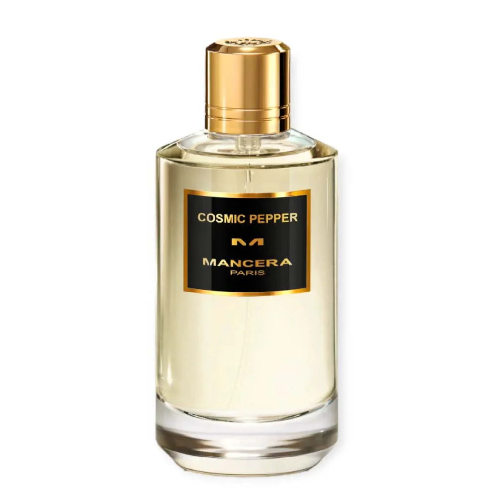 Mancera Cosmic Pepper unisex Eau De Parfum bottle with sleek design and label, shown against a neutral background.
