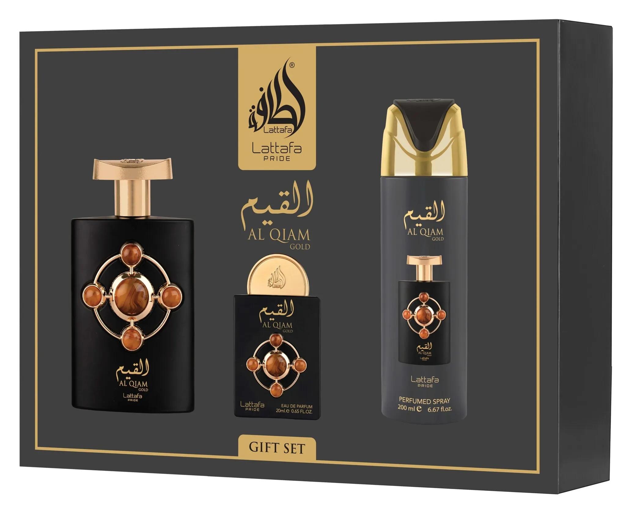 Gift Set Lattafa Pride Al Qiam Gold 320ml (100ml EDP + 20ml EDP + 200ml Deo) – Unisex