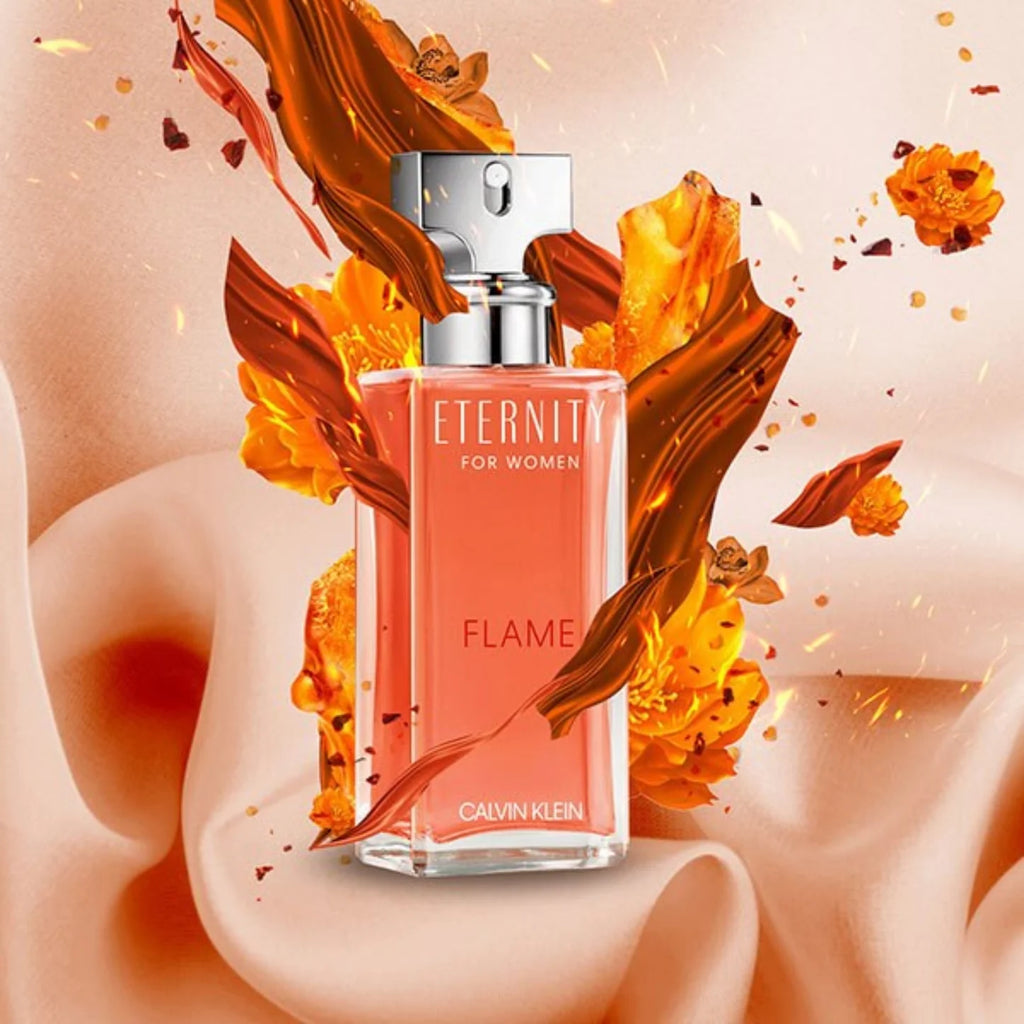 Calvin Klein Eternity Flame Eau De Parfum 100ml for women, featuring a sleek glass bottle with a modern design.