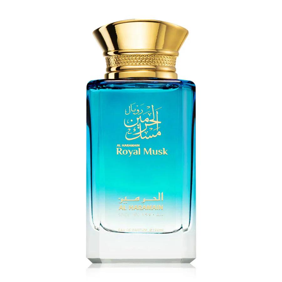 Al Haramain Royal Musk 100ml Eau de Parfum bottle for men and women, sleek glass design with a silver cap and elegant branding