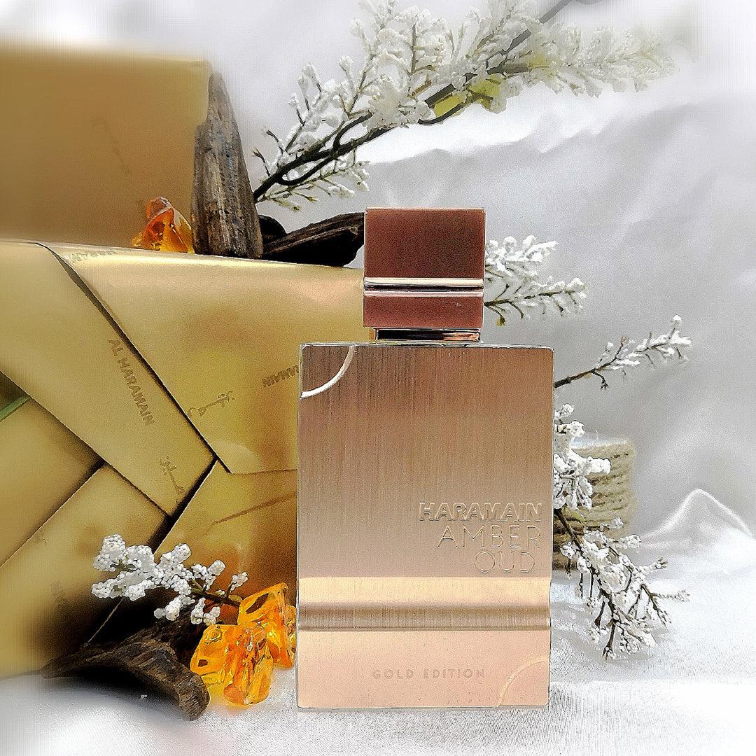 Al Haramain Amber Oudh Gold Edition Eau de Parfum bottle, 60ml, with gold accents and amber-colored liquid for men and women.