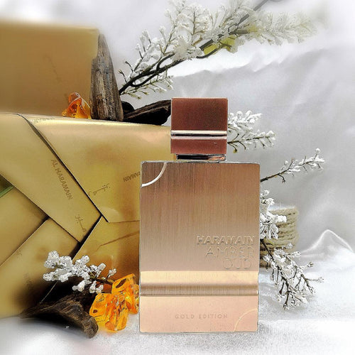 Al Haramain Amber Oudh Gold Edition Eau de Parfum bottle, 60ml, with gold accents and amber-colored liquid for men and women.