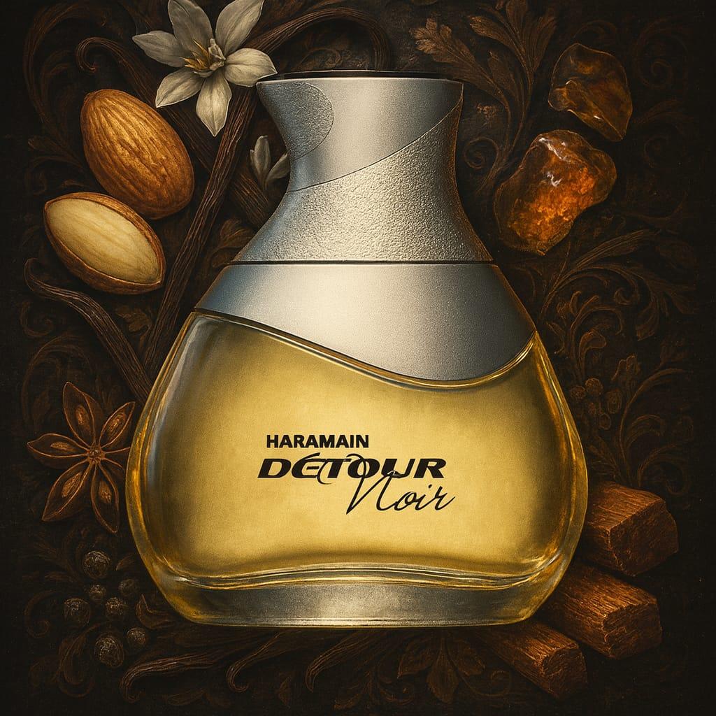 Tester Al Haramain Detour Noir Eau De Parfum 100ml bottle with sleek black design and silver cap on a white background.