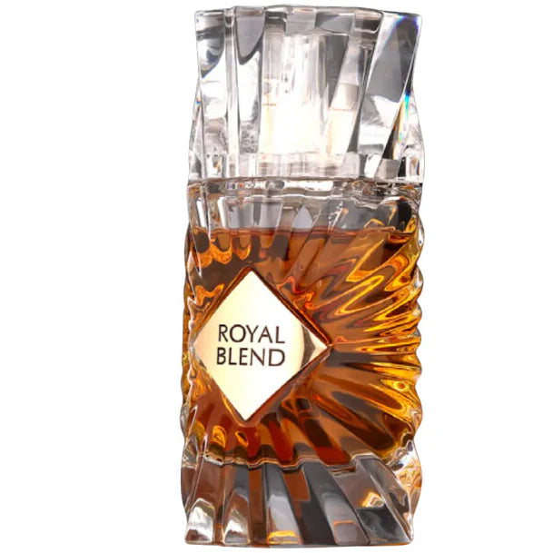Fragrance World Royal Blend Extrait de Parfum 100ml for men and women, elegant glass bottle with gold accents and a sleek design