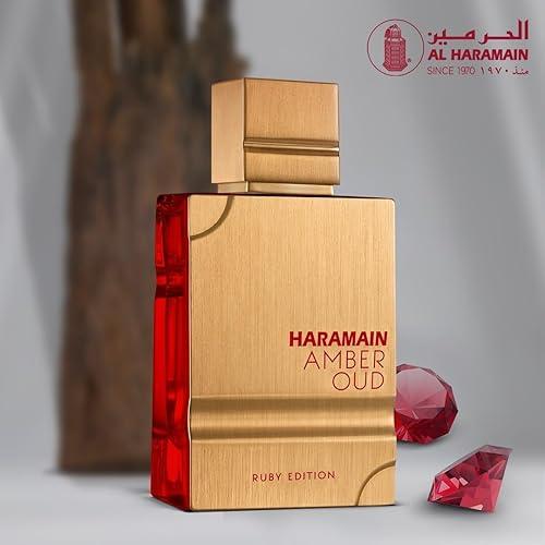 Al Haramain Amber Oud Ruby Edition 60ml Eau de Parfum bottle with gold accents and red gemstone design.
