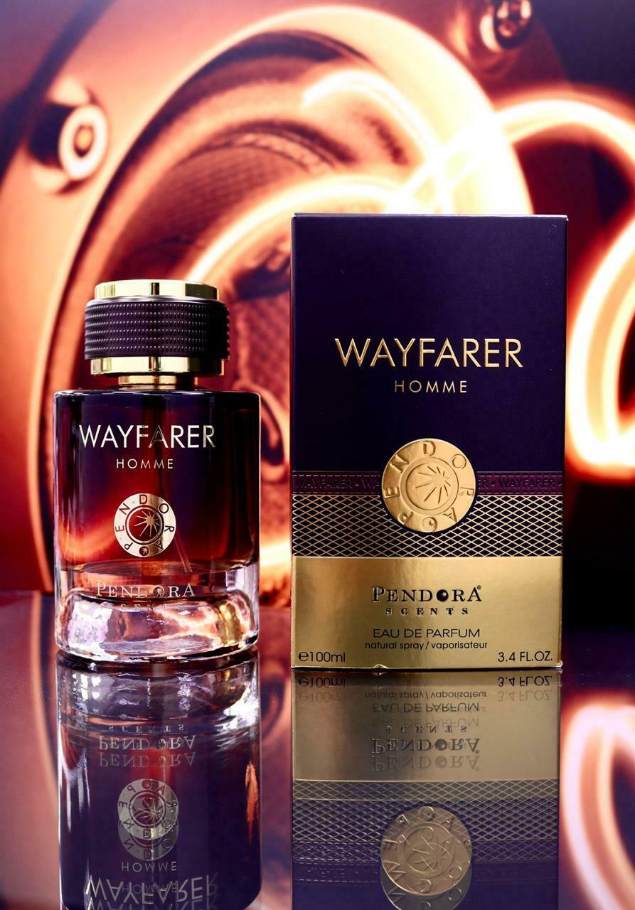 Pendora Scents Wayfarer Homme Eau de Parfum bottle for men, 100ml, with sleek design and black cap.