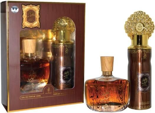 Gift set with Arabiyat Oud Al Layl 100ml EDP and 200ml deodorant for men and women, featuring elegant perfume bottles and packaging.