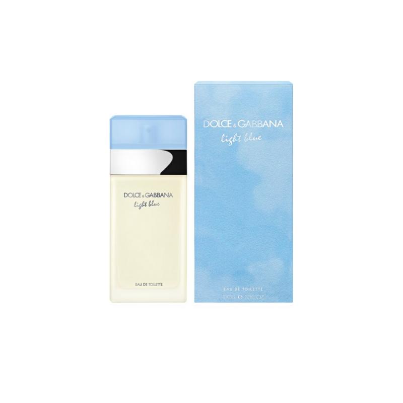 Dolce & Gabbana Light Blue Eau De Toilette bottle with blue liquid and minimalist design, 100ml size, on a white background.