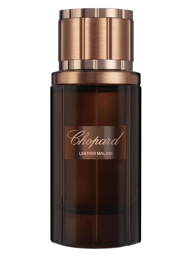 Chopard Leather Malaki Eau De Parfum for Men, 80ml bottle, with sleek black and gold design, featuring leather accents.