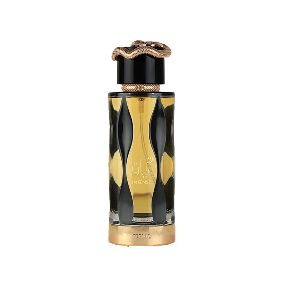 Lattafa Teriaq Intense Eau De Parfum 100ml for men and women, featuring a sleek bottle with dark and gold accents.