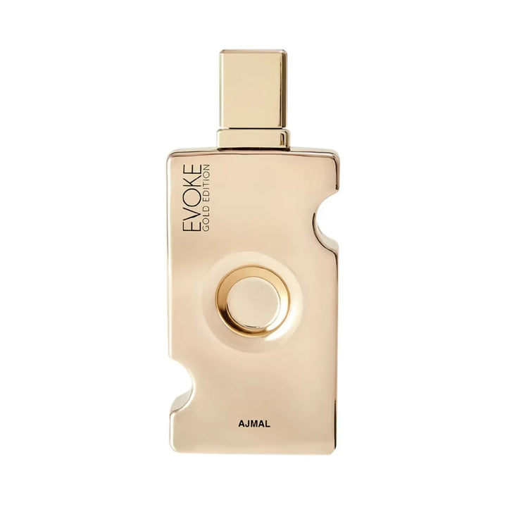 Ajmal Evoke Gold Edition Eau De Perfume for women with elegant gold bottle and floral fragrance details.