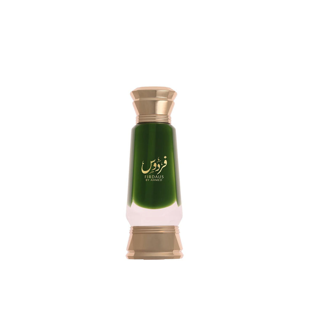 Ahmed Al Maghribi Firdaus perfume oil bottle, 15ml, concentrated attar for men and women, elegant glass container with gold accents.