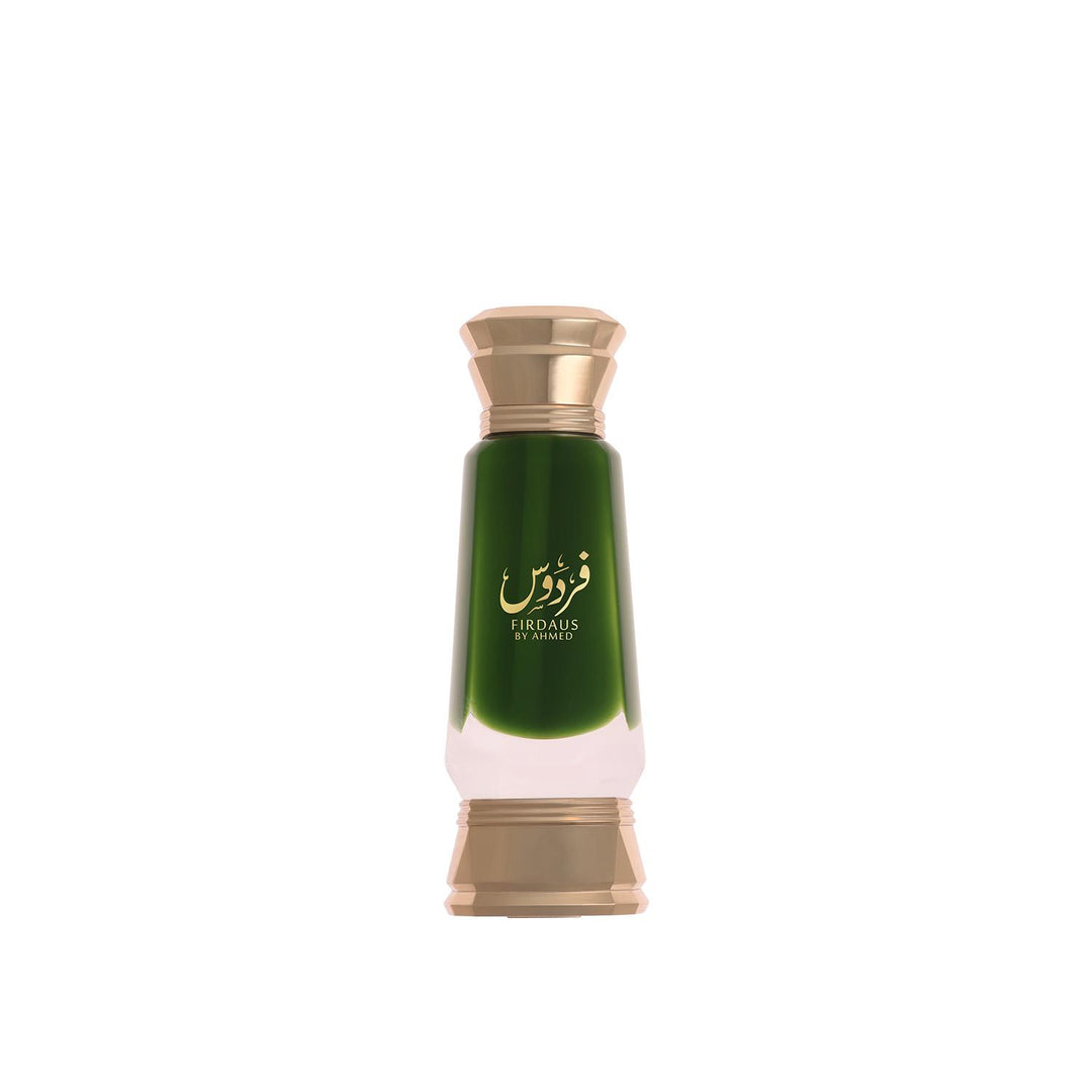 Ahmed Al Maghribi Firdaus perfume oil bottle, 15ml, concentrated attar for men and women, elegant glass container with gold accents.