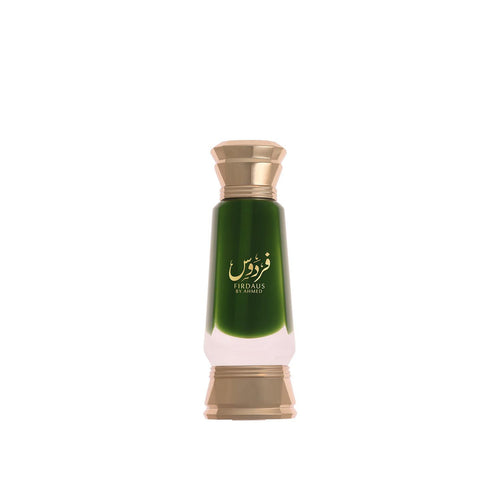 Ahmed Al Maghribi Firdaus perfume oil bottle, 15ml, concentrated attar for men and women, elegant glass container with gold accents.