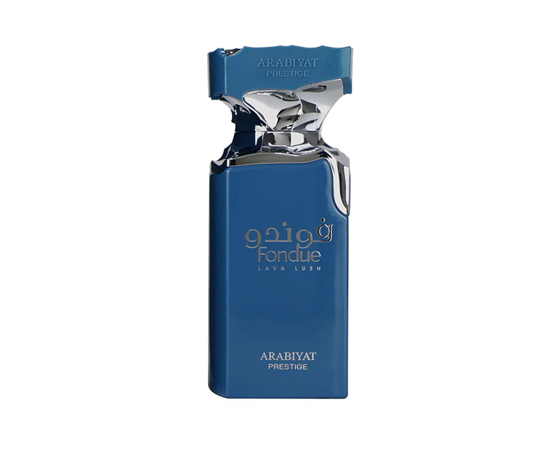 Arabiyat Prestige Fondue Lava Lush Eau De Parfum 100ml bottle for men and women, featuring elegant glass design and black cap.