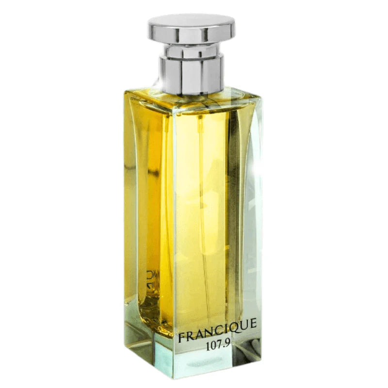 Fragrance World Francique 107.9 unisex Eau de Parfum 100ml bottle with minimalist design and clear label on a white background.