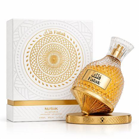 Unisex Nusuk Falak Eau De Parfum bottle with clear glass and black cap, displayed against a neutral background.
