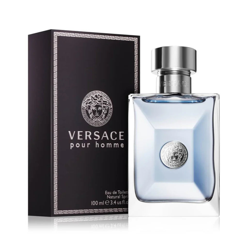 Versace Pour Homme Eau De Toilette 100ml for men, featuring the iconic bottle with a sleek design and blue accents.