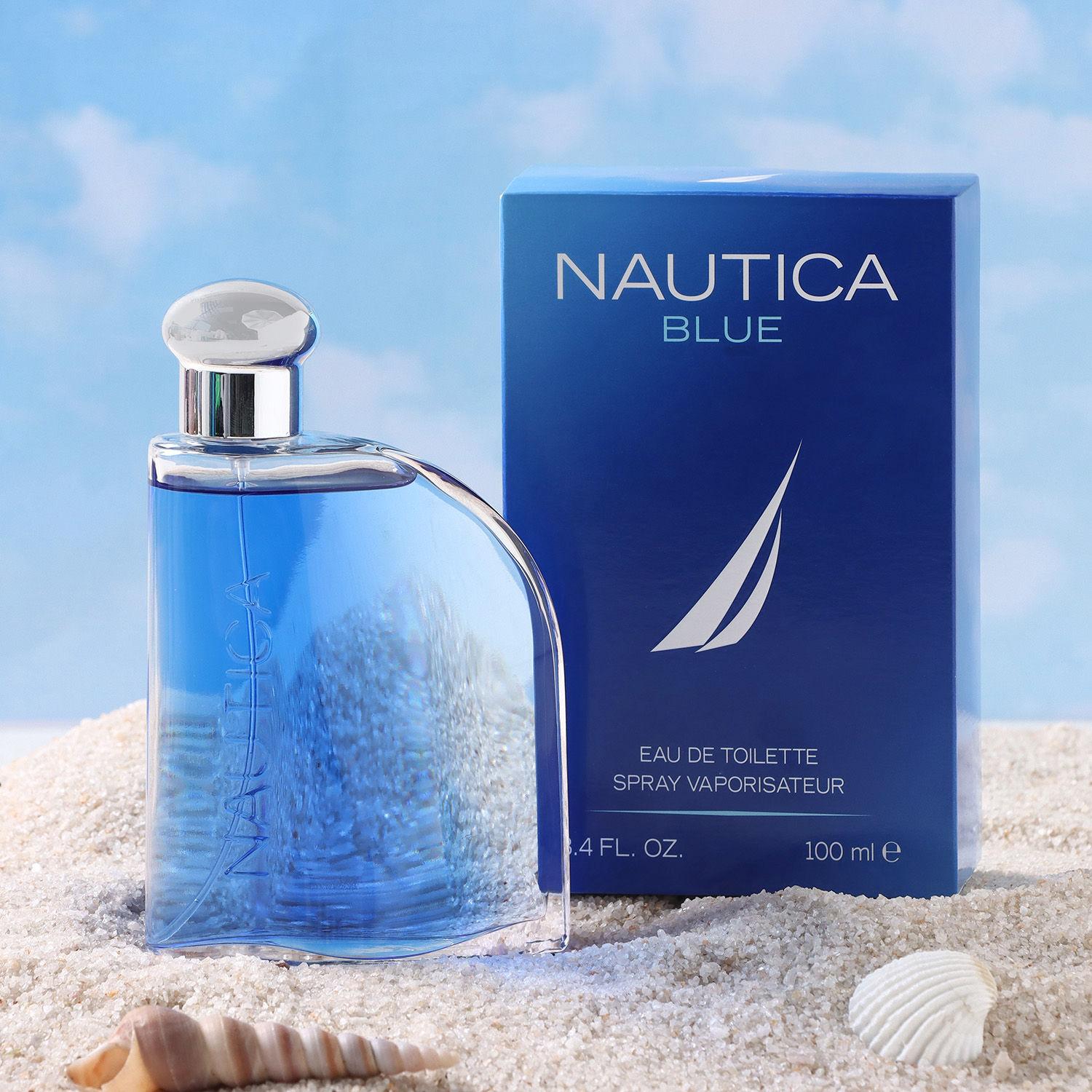 Nautica Blue Eau De Toilette for men in a 100ml bottle, featuring a sleek blue fragrance bottle and Nautica branding.