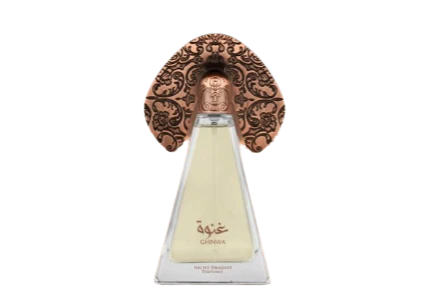Lattafa Niche Emarati Ghinwa Eau De Parfum 100ml for men and women, featuring a sleek bottle and luxurious fragrance design