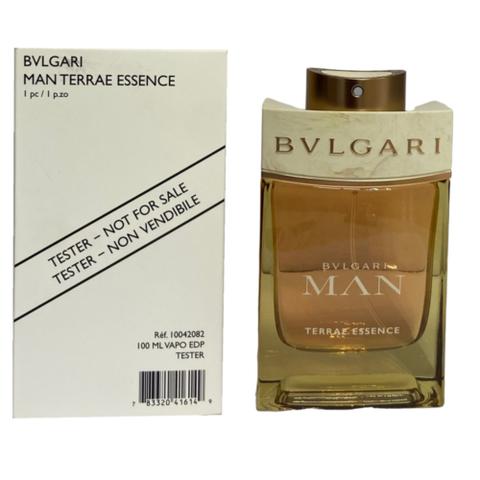 Bvlgari Man Terrae Essence Eau De Parfum tester bottle, 100ml with silver cap and minimalist label, placed on a neutral background.