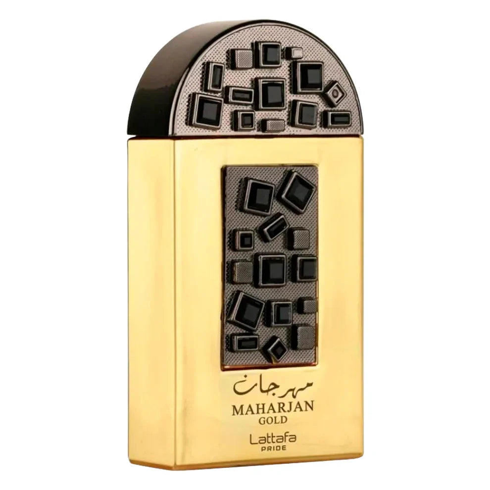 Lattafa Pride Maharajan Gold perfume bottle for men and women, elegant gold design, 100ml, floral and spicy fragrance.