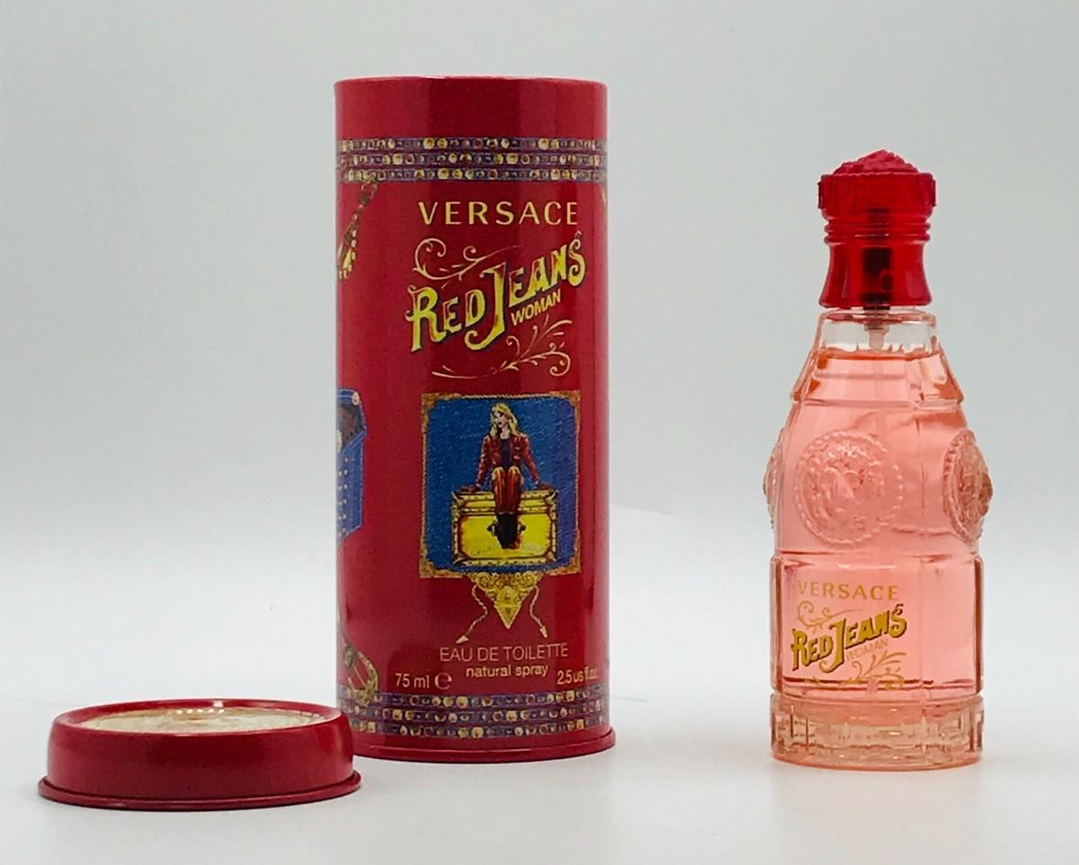 Versace Red Jeans Eau De Toilette 75ml for women, featuring a sleek red bottle and stylish packaging.