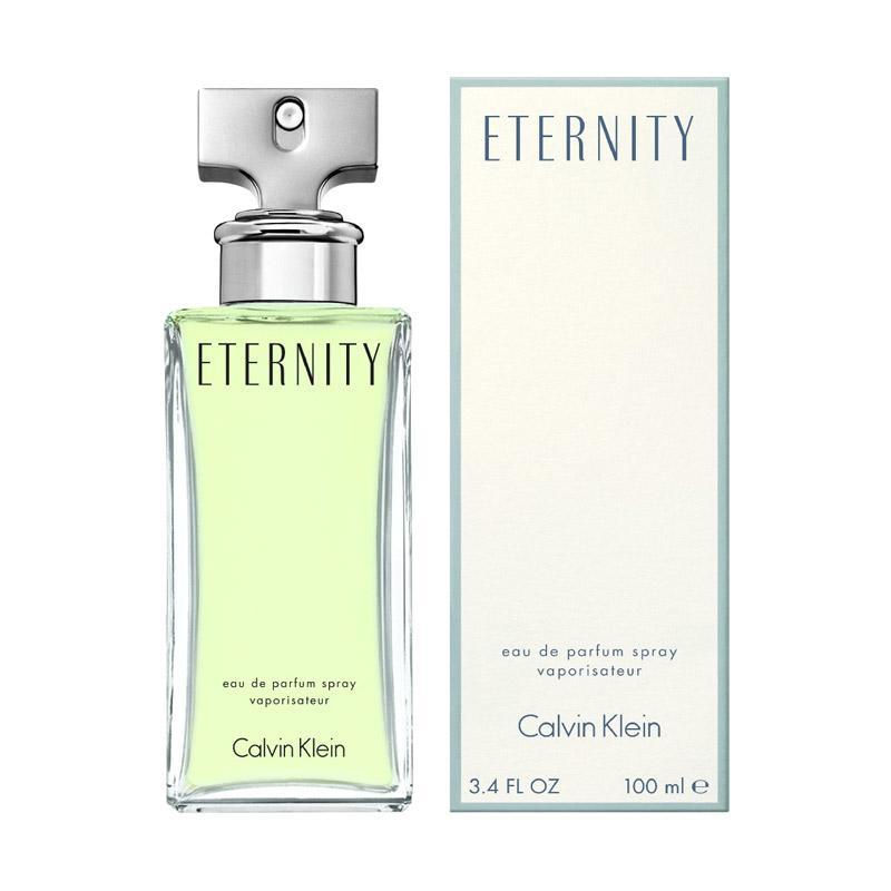 Calvin Klein Eternity Eau De Parfum 100ml for women, elegant glass bottle with floral design and silver cap.