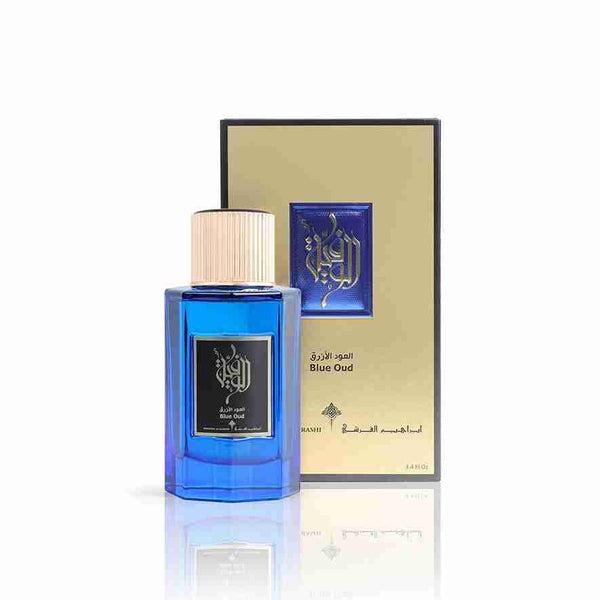 Ibrahim Al Qureshi Al Wafia Blue Oud Eau De Parfum 100ml unisex bottle with blue and gold accents, elegant floral and woody design.
