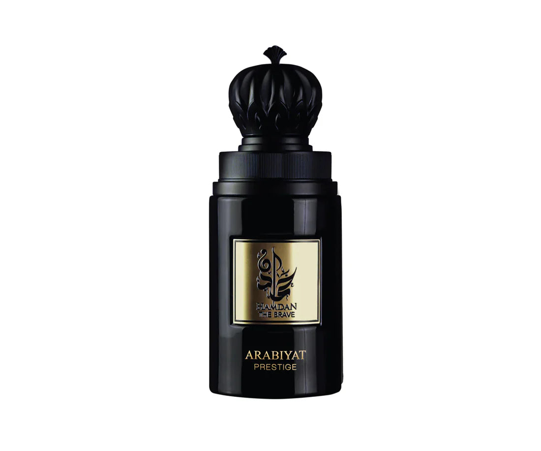Arabiyat Prestige Hamdan The Brave Eau De Parfum 75ml for men, featuring a sleek bottle with intricate design and branding details.