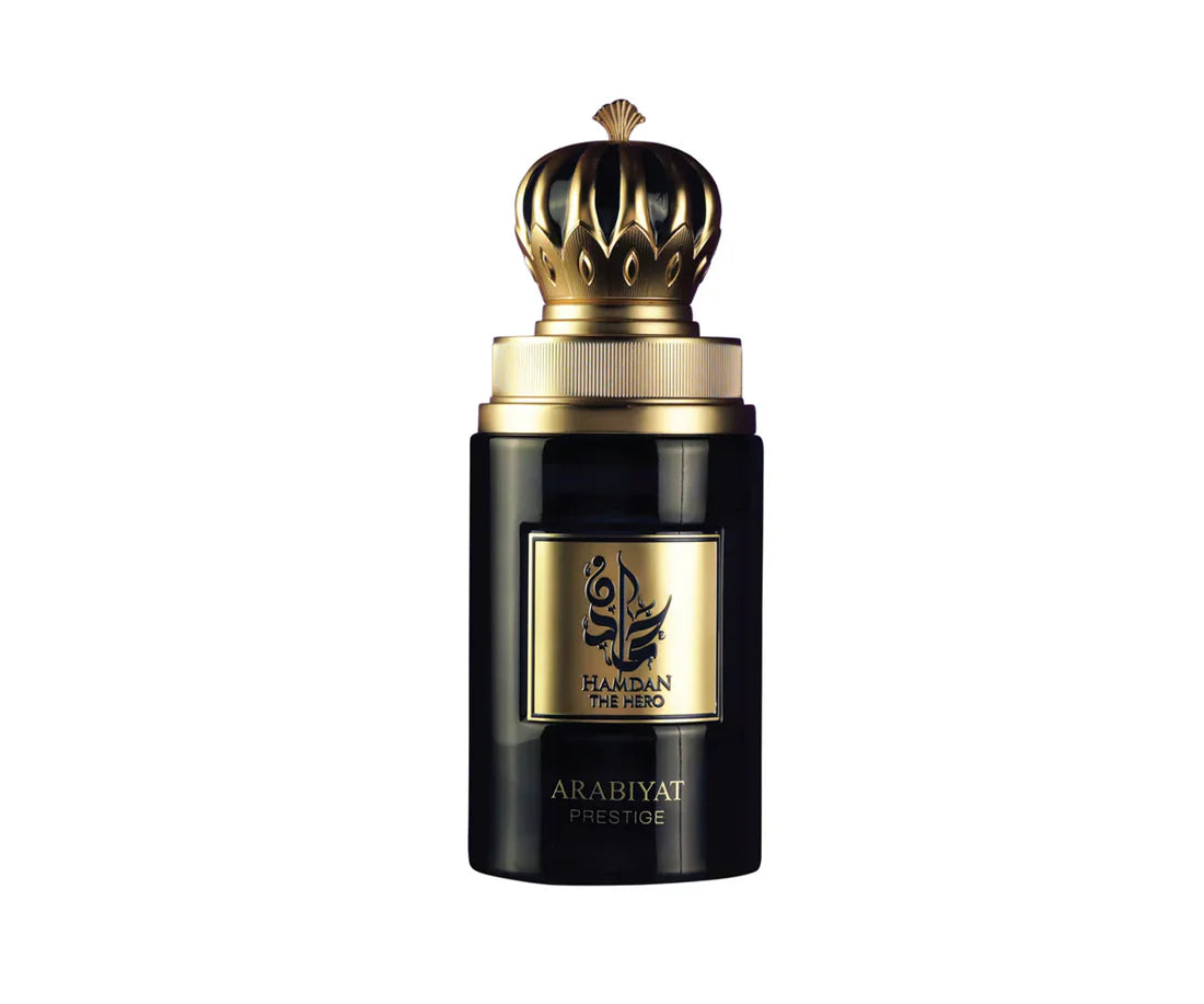 Arabiyat Prestige Hamdan The Hero Eau De Parfum 75ml for men, featuring sleek bottle design and bold branding.