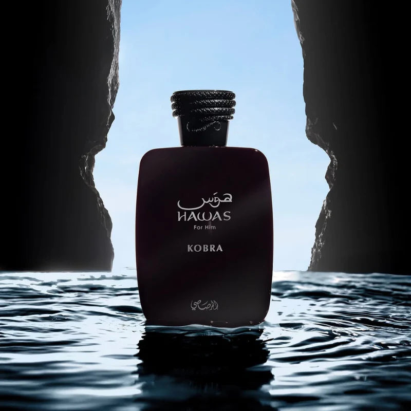 Rasasi Hawas Kobra Eau De Parfum for men in 100ml bottle, featuring a sleek design with a black and gold cap.