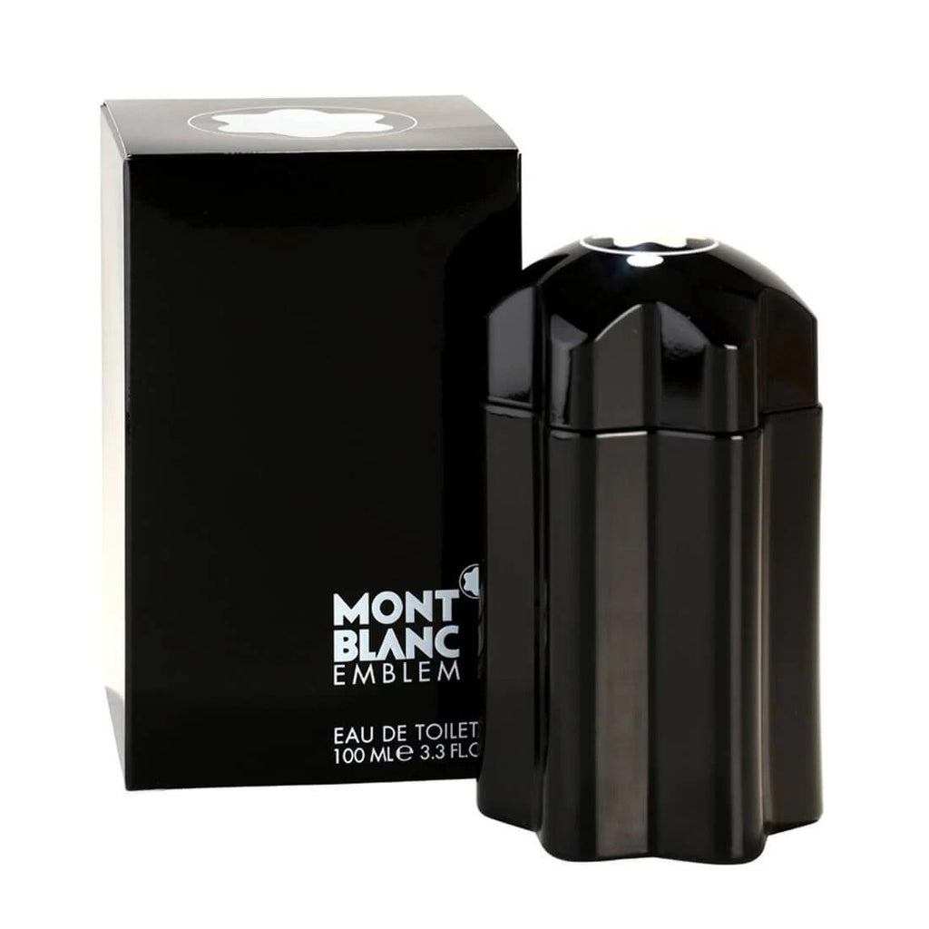 Montblanc Emblem Eau De Toilette for Men, 100ML bottle with sleek black and gold design, displayed on a white background.