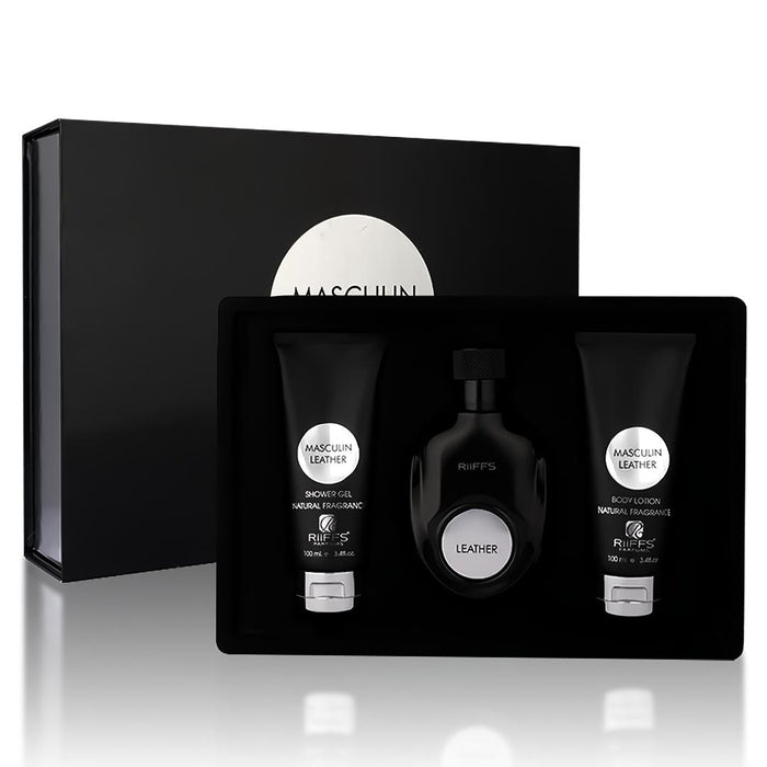 Leather gift set for men by Rini Deals, featuring Riffs Masculin leather accessories displayed in the image.