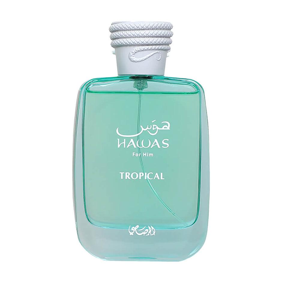 Rasasi Hawas for Him Tropical Eau de Parfum 100ml bottle with tropical citrus and floral notes, sleek design and branding visible.