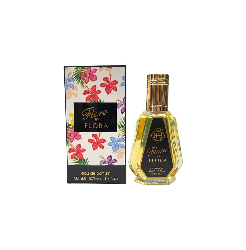 Bottle of Flora by Flora Eau De Parfum for women, 50ml, with floral design on the transparent glass bottle.