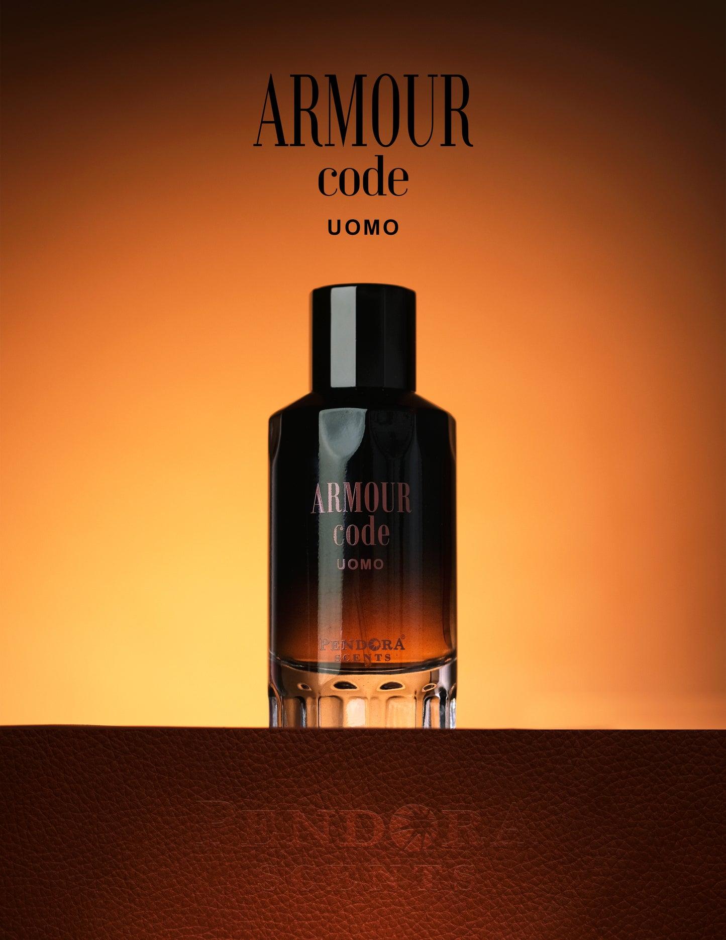 Pendora Scents Armour Code UOMO Eau De Parfum 100ml bottle for men and women, featuring sleek design and navy blue label.