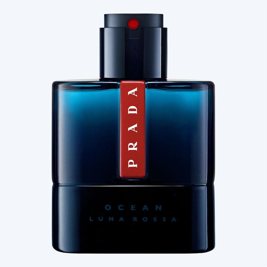 Prada Luna Rossa Ocean men's perfume bottle with sleek blue design and silver cap, 100ml, elegant packaging for men.
