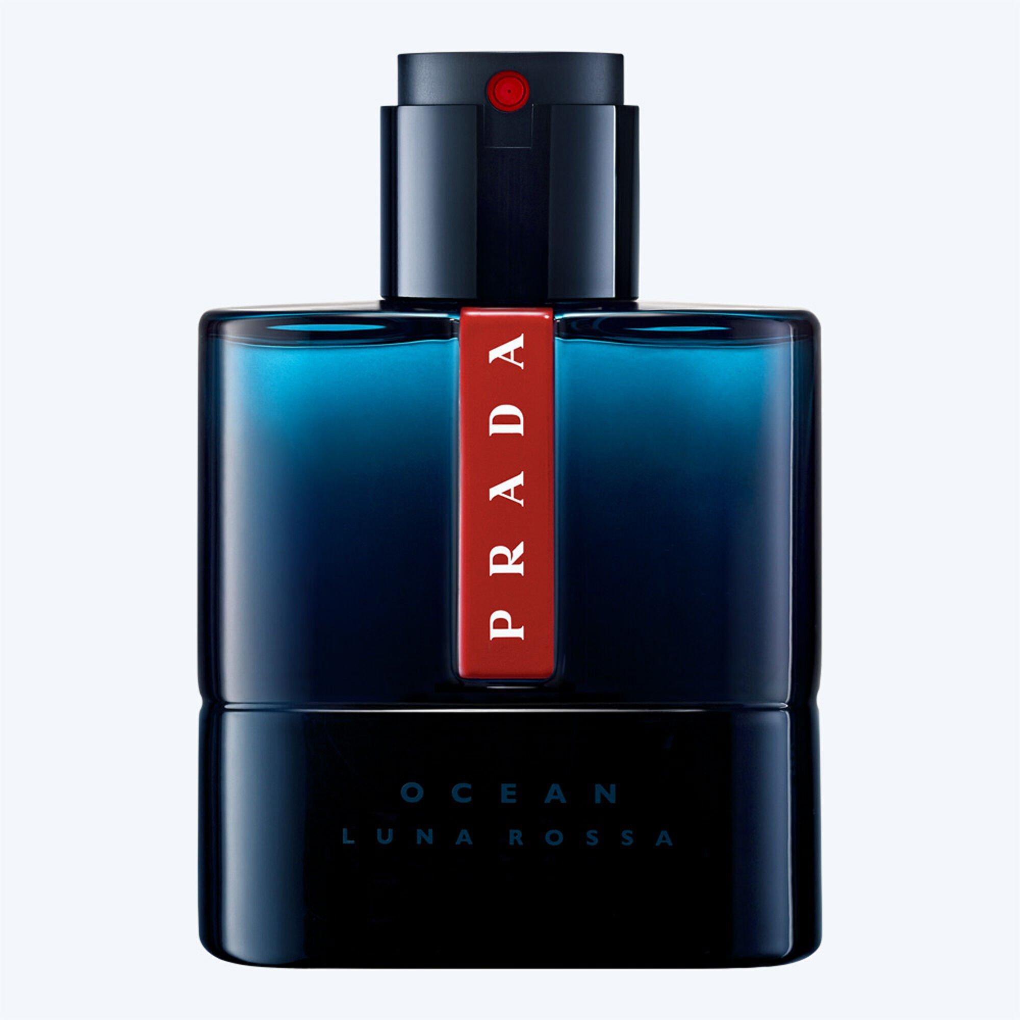 Prada Luna Rossa Ocean men's perfume bottle with sleek blue design and silver cap, 100ml, elegant packaging for men.