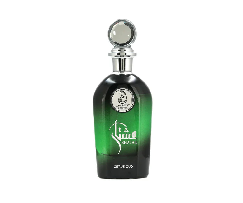 Arabiyat Prestige Ishatar Citrus Oud Eau De Parfum bottle by Rini Deals, green glass, 110ml, for men and women.