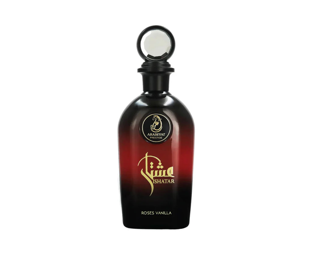 Arabiyat Prestige Ishatar Roses Vanilla Eau de Parfum bottle, 110ml, elegant glass design for men and women by Rini Deals
