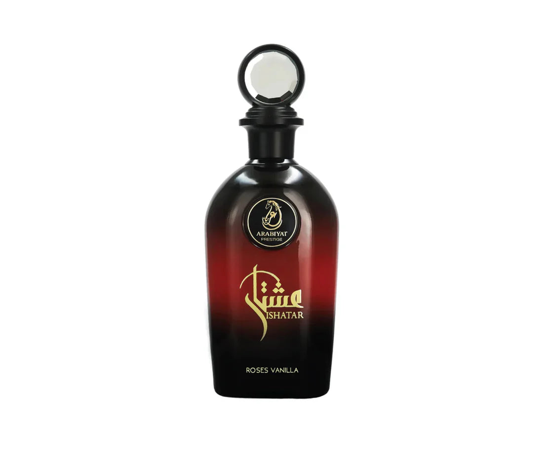 Arabiyat Prestige Ishatar Roses Vanilla Eau de Parfum bottle, 110ml, elegant glass design for men and women by Rini Deals