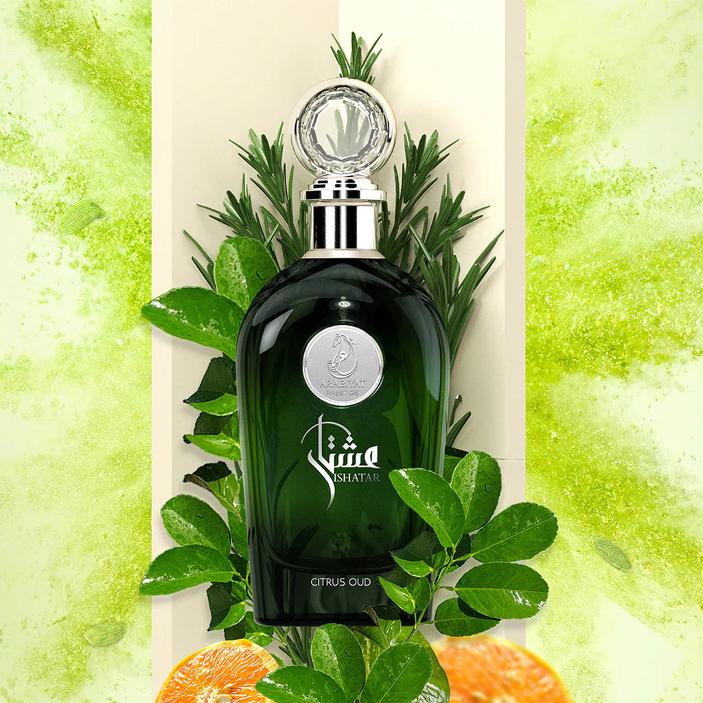 Arabiyat Prestige Ishatar Citrus Oud Eau De Parfum 110ml bottle for men and women, with elegant glass design and citrus-oud fragrance.