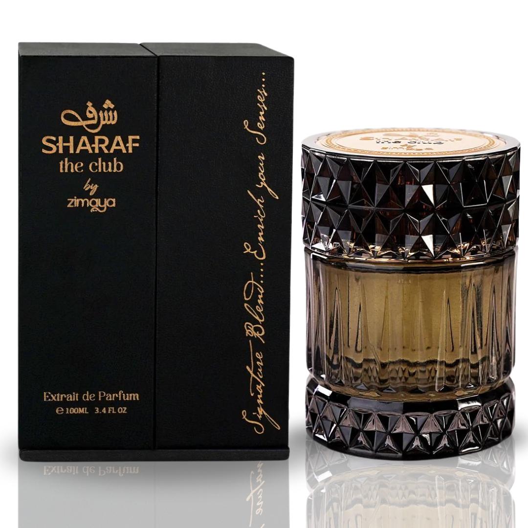 Zimaya Sharaf The Club Extrait De Parfum for Men 100ml bottle with black cap and elegant packaging.