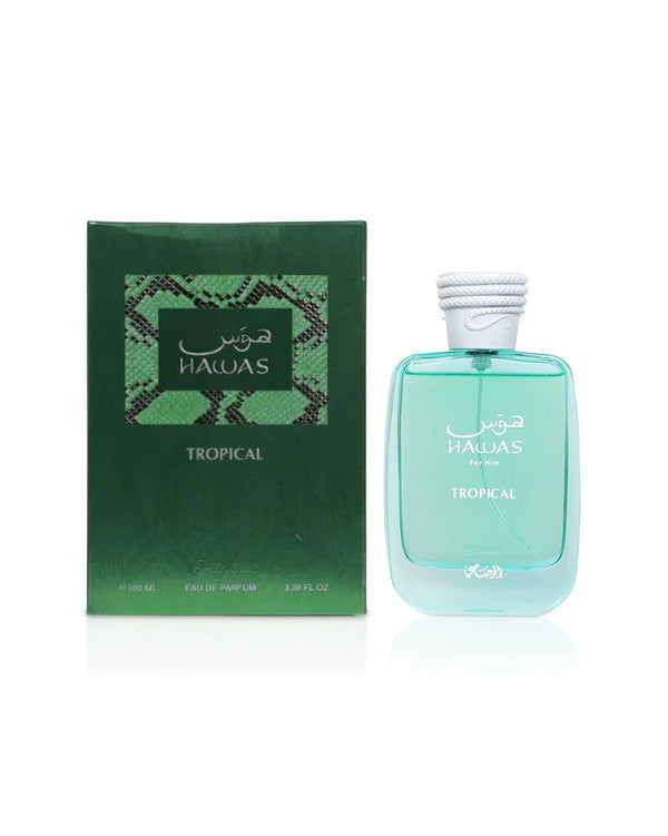 Rasasi Hawas for Him Tropical Eau de Parfum bottle with tropical fruit and floral design for men.