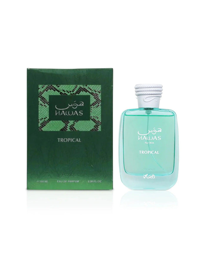 Rasasi Hawas for Him Tropical Eau de Parfum bottle with tropical fruit and floral design for men.