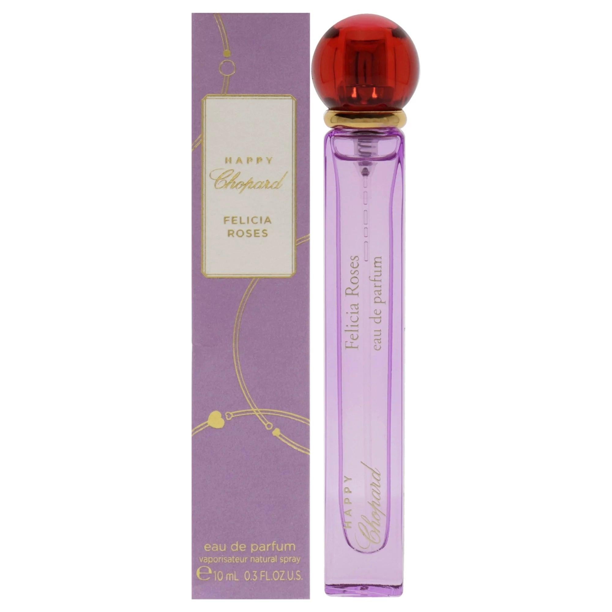Miniature Bvlgari Happy Chopard Felicia Roses Eau De Parfum 10ml bottle with floral pink and gold packaging.