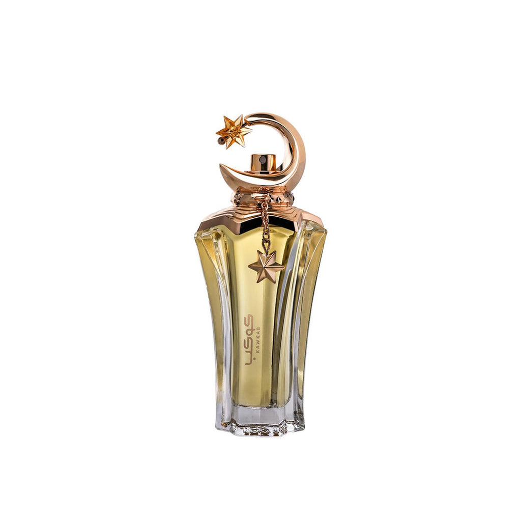 Elegant image of Ahmed Al Maghribi Kawkab Eau de Parfum 75ml bottle, featuring sleek design for men and women.