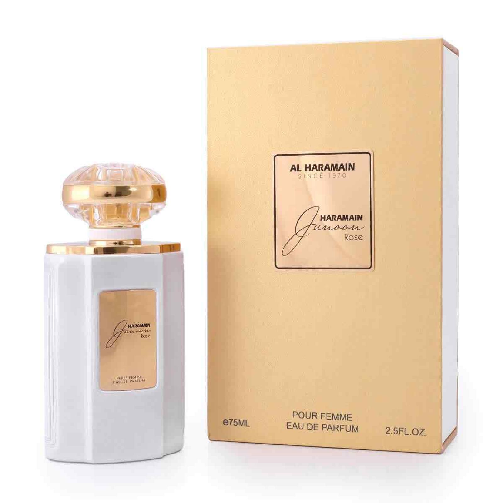 Al Haramain Junoona Rose Femme Eau de Parfum 75ml bottle with pink and gold accents, floral design on a white background.